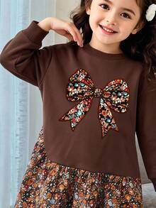 Cute Floral Bow Print, Chill Chill, Young Girls Vintage Versatile Maillard Color Floral Patchwork Sweatshirt Dress, Street Retro Style, Easy And Comfortable, Children's Autumn Layering, Y2K, Sports Outfit, Outing, Street Photography, Campus, Thermal Lined - Multicolor - View 3