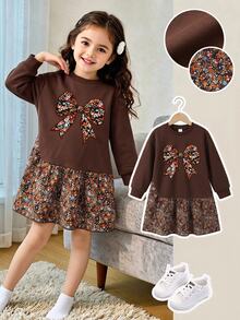 Cute Floral Bow Print, Chill Chill, Young Girls Vintage Versatile Maillard Color Floral Patchwork Sweatshirt Dress, Street Retro Style, Easy And Comfortable, Children's Autumn Layering, Y2K, Sports Outfit, Outing, Street Photography, Campus, Thermal Lined - Multicolor - View 4