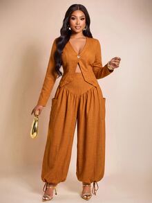 Brilight Textured 2 Pieces Set V Neck Crop Blazer Drawstring Wide Leg Pants Elegant Outfit For Teachers' Day Daily Office Corporate Rust Brown Autumn - Burnt Orange - View 3