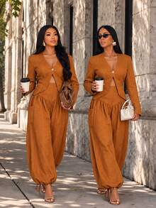 Brilight Textured 2 Pieces Set V Neck Crop Blazer Drawstring Wide Leg Pants Elegant Outfit For Teachers' Day Daily Office Corporate Rust Brown Autumn - Burnt Orange - View 1