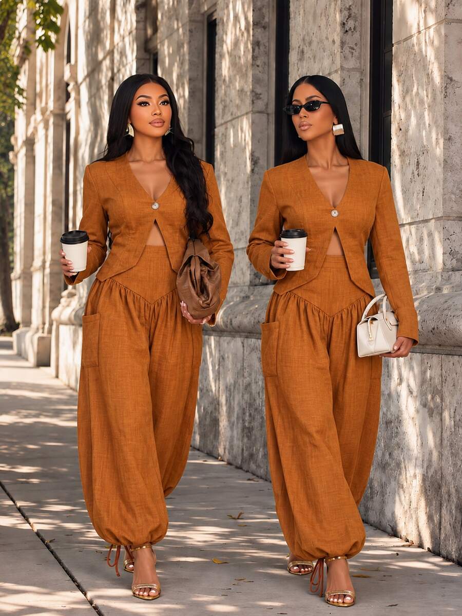 Brilight Textured 2 Pieces Set V Neck Crop Blazer Drawstring Wide Leg Pants Elegant Outfit For Teachers' Day Daily Office Corporate Rust Brown Autumn - Burnt Orange - View 1