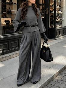 LUMIGAL Delicate Comfortable High Neck Raglan 3/4 Wide Flared Sleeve Fashion Elegant Casual Commuter Style Versatile Women's Knit Top Brunch Gray Autumn - Grey - View 7