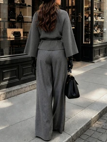 LUMIGAL Delicate Comfortable High Neck Raglan 3/4 Wide Flared Sleeve Fashion Elegant Casual Commuter Style Versatile Women's Knit Top Brunch Gray Autumn - Grey - View 2