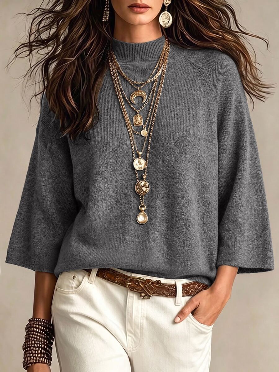 LUMIGAL Delicate Comfortable High Neck Raglan 3/4 Wide Flared Sleeve Fashion Elegant Casual Commuter Style Versatile Women's Knit Top Brunch Gray Autumn - Grey - View 1