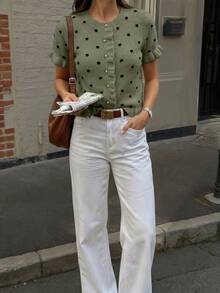 Selianne Women's Polka Dot Khaki Yarn Knit Top, Spring/Summer - Green - View 7