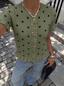 Selianne Women's Polka Dot Khaki Yarn Knit Top, Spring/Summer - Green - View 5