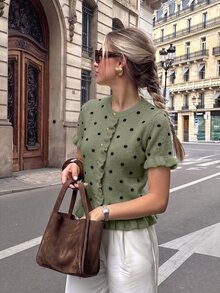 Selianne Women's Polka Dot Khaki Yarn Knit Top, Spring/Summer - Green - View 6