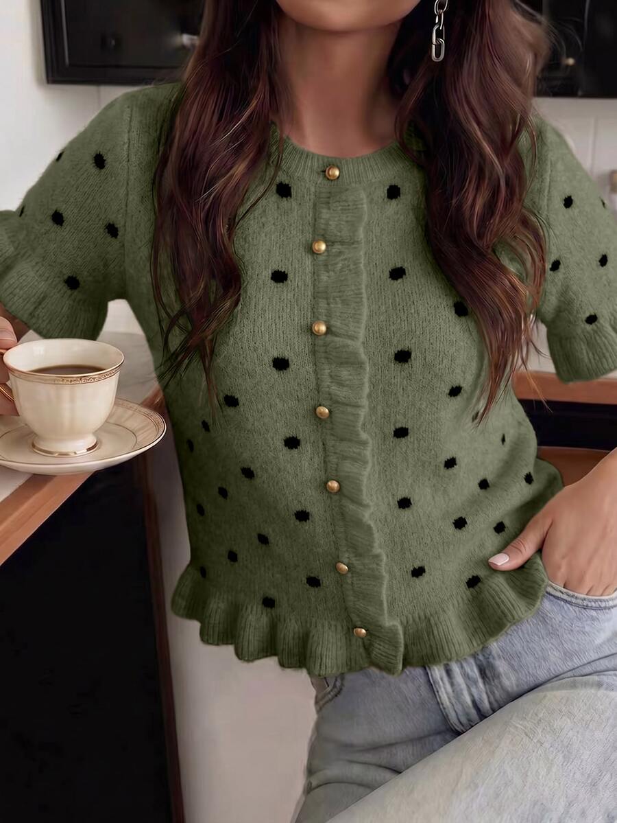 Selianne Women's Polka Dot Khaki Yarn Knit Top, Spring/Summer - Green - View 1