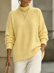 LUMIGAL Women's Solid Color Casual Versatile Daily Pullover Sweater - Light Yellow - View 7