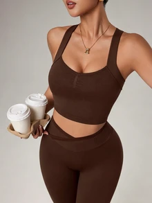 Slayform Slayform 1 Set, Chocolate Brown White Tone-On-Tone Seamless Sports Set, Sleeveless Backless, Soft Comfortable Fit, Workout, Running, Yoga Gym Summer - Brown - View 6