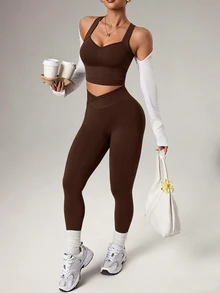 Slayform Slayform 1 Set, Chocolate Brown White Tone-On-Tone Seamless Sports Set, Sleeveless Backless, Soft Comfortable Fit, Workout, Running, Yoga Gym Summer - Brown - View 5