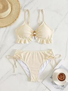 Sunnyshic 2pcs Set Spring/Summer New Solid Color Thick Strap Ruffle Hem Pleated Lace Trim Bikini Set With Triangle Bottom Beach Shorts Women Swimwear Beach Outfit - Beige - View 3