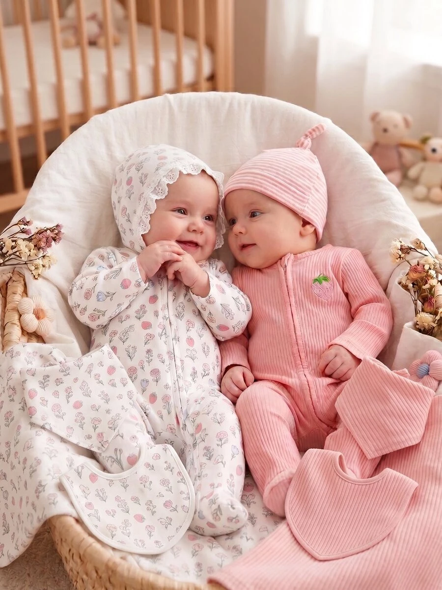 2 Pieces Newborn Long Sleeve Footed Romper With Cute All-Over Floral Print, Best Gift For Newborns, Home Wear, Versatile And Fashionable, Best Choice - Multicolor - View 1