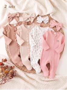 2 Pieces Newborn Long Sleeve Footed Romper With Cute All-Over Floral Print, Best Gift For Newborns, Home Wear, Versatile And Fashionable, Best Choice - Multicolor - View 6