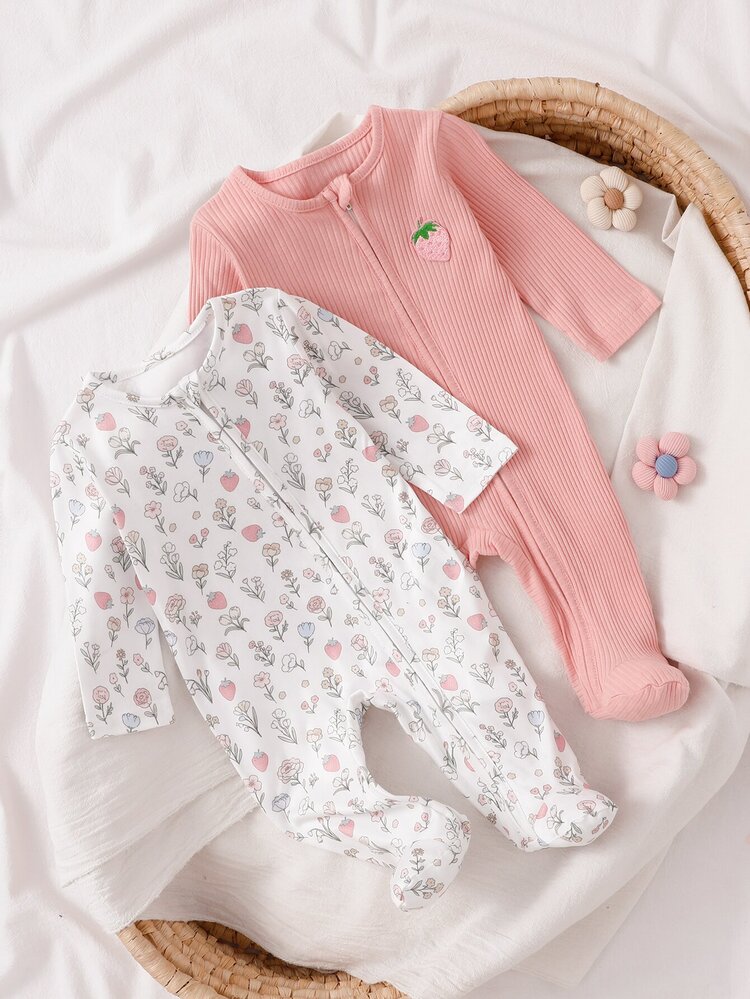 2 Pieces Newborn Long Sleeve Footed Romper With Cute All-Over Floral Print, Best Gift For Newborns, Home Wear, Versatile And Fashionable, Best Choice - Multicolor - View 7