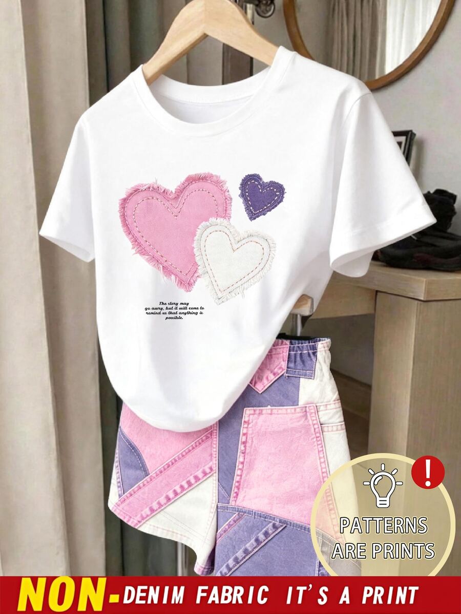 2pcs/Set Girls' Cute Pink And White Heart Pattern Short Sleeve T-Shirt And Shorts Fashionable School Children's Outfit Comfortable Wear - White - View 1