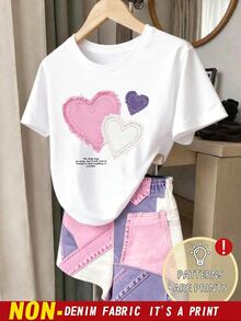2pcs/Set Girls' Cute Pink And White Heart Pattern Short Sleeve T-Shirt And  Shorts Fashionable School Children's Outfit Comfortable Wear - White - View 3