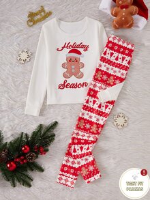 Tween Autumn/Winter Girl Gingerbread Man Knitted Stretchy Snug Fit Print Christmas Pajamas Snowflake Sets Are Sold Separately - Red - View 7