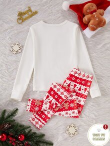 Tween Autumn/Winter Girl Gingerbread Man Knitted Stretchy Snug Fit Print Christmas Pajamas Snowflake Sets Are Sold Separately - Red - View 3
