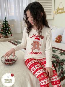 Tween Autumn/Winter Girl Gingerbread Man Knitted Stretchy Snug Fit Print Christmas Pajamas Snowflake Sets Are Sold Separately - Red - View 5