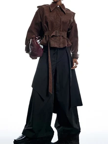 LYSMO Women's Solid Color Buckle Design Casual Streetwear Elegant Versatile Daily Commute Trench Coat Jacket Everyday Office Dark Brown Autumn - Burgundy - View 4