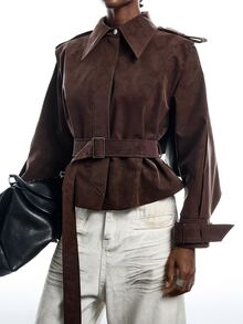 LYSMO Women's Solid Color Buckle Design Casual Streetwear Elegant Versatile Daily Commute Trench Coat Jacket Everyday Office Dark Brown Autumn - Burgundy - View 7