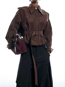 LYSMO Women's Solid Color Buckle Design Casual Streetwear Elegant Versatile Daily Commute Trench Coat Jacket Everyday Office Dark Brown Autumn - Burgundy - View 8