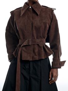 LYSMO Women's Solid Color Buckle Design Casual Streetwear Elegant Versatile Daily Commute Trench Coat Jacket Everyday Office Dark Brown Autumn - Burgundy - View 3