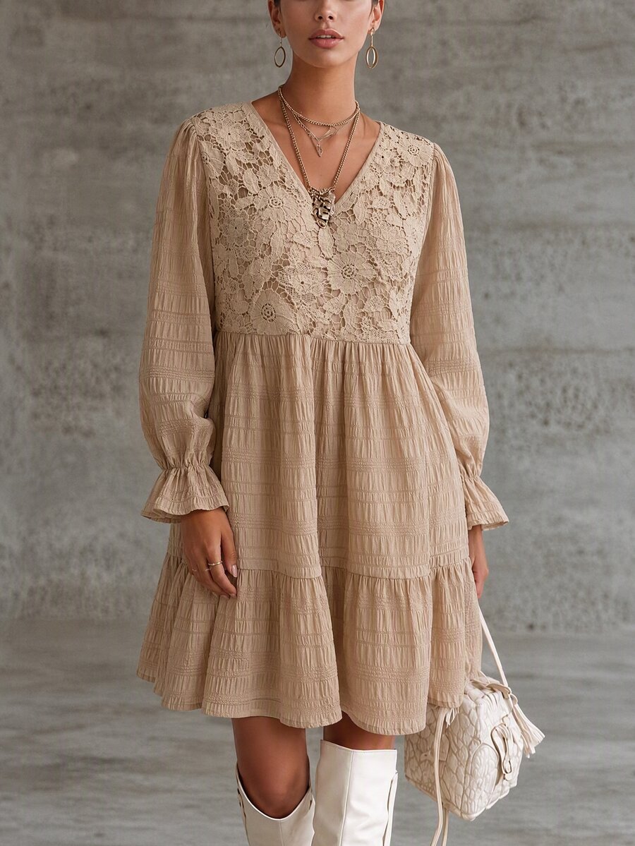 Breezaya Women's Spring/Autumn Gentle French Style Lace Patchwork Pleated Dress - Khaki - View 1