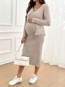 SHEIN Maternity Solid Color Long Sleeve Open Front Knit Cardigan And Sleeveless Knit Dress Casual Set - Khaki - View 3