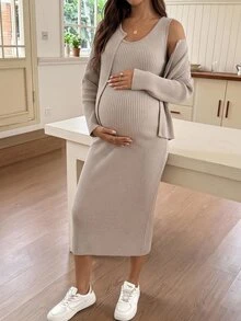 SHEIN Maternity Solid Color Long Sleeve Open Front Knit Cardigan And Sleeveless Knit Dress Casual Set - Khaki - View 1
