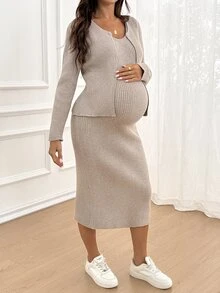 SHEIN Maternity Solid Color Long Sleeve Open Front Knit Cardigan And Sleeveless Knit Dress Casual Set - Khaki - View 5