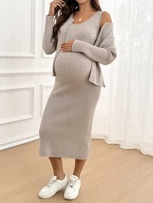 SHEIN Maternity Solid Color Long Sleeve Open Front Knit Cardigan And Sleeveless Knit Dress Casual Set - Khaki - View 6