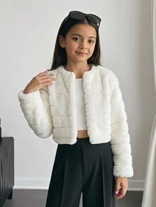 SHEIN 兒童青少年女孩秋冬休閒優雅白色人造皮圓領前開襟夾克，適合派對穿著、日常外出，可搭配洋裝 - 白色 - 查看 1