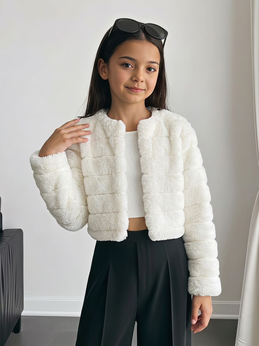 SHEIN 兒童青少年女孩秋冬休閒優雅白色人造皮圓領前開襟夾克,適合派對穿著、日常外出,可搭配洋裝 - 白色 - 查看 1