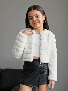 SHEIN 兒童青少年女孩秋冬休閒優雅白色人造皮圓領前開襟夾克，適合派對穿著、日常外出，可搭配洋裝 - 白色 - 查看 3