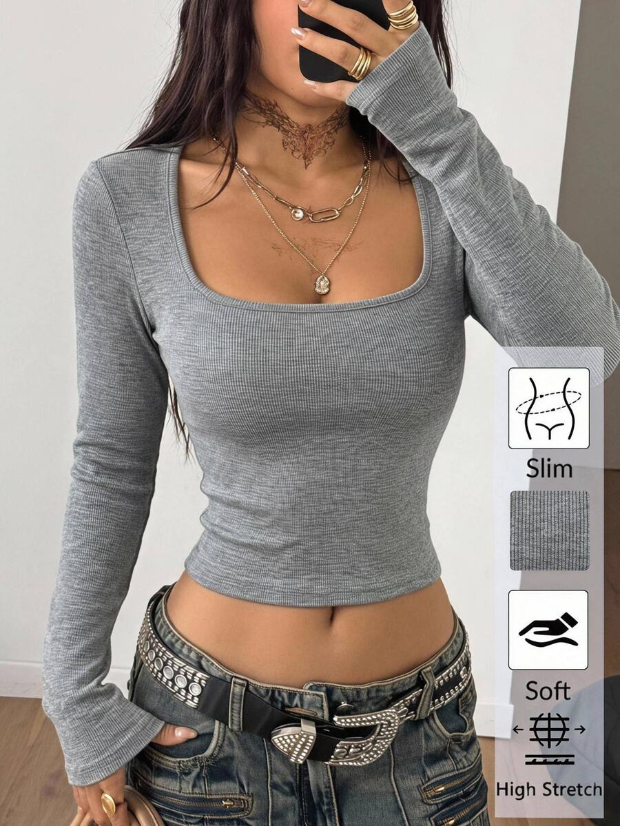 Coolane Women's Autumn/ Casual Basic Chic Basic Knit Comfortable Stretchy Warm Grey Fitted Square Neck Sweater Everyday Home