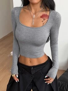 Coolane Sweater Wanita Musim Gugur/ Kasual Dasar Chic Rajut Nyaman Elastis Hangat Abu-abu Pas Badan Leher Persegi untuk Sehari-hari di Rumah - Light Grey - View 6