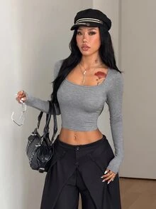Coolane Sweater Wanita Musim Gugur/ Kasual Dasar Chic Rajut Nyaman Elastis Hangat Abu-abu Pas Badan Leher Persegi untuk Sehari-hari di Rumah - Light Grey - View 2