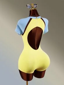 Amplova Women's Letter Print Colorblock Raglan Short Sleeve Sports Romper Yellow Gym Fitness Workout Running Backless Sexy Jumpsuit Romper Training - Yellow - View 2