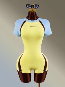 Amplova Women's Letter Print Colorblock Raglan Short Sleeve Sports Romper Yellow Gym Fitness Workout Running Backless Sexy Jumpsuit Romper Training - Yellow - View 7