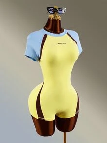 Amplova Women's Letter Print Colorblock Raglan Short Sleeve Sports Romper Yellow Gym Fitness Workout Running Backless Sexy Jumpsuit Romper Training - Yellow - View 1
