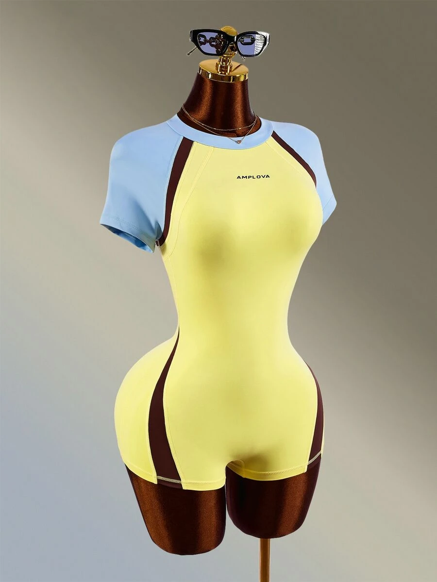 Amplova Women's Letter Print Colorblock Raglan Short Sleeve Sports Romper Yellow Gym Fitness Workout Running Backless Sexy Jumpsuit Romper Training - Yellow - View 1