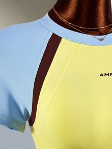 Amplova Women's Letter Print Colorblock Raglan Short Sleeve Sports Romper Yellow Gym Fitness Workout Running Backless Sexy Jumpsuit Romper Training - Yellow - View 9