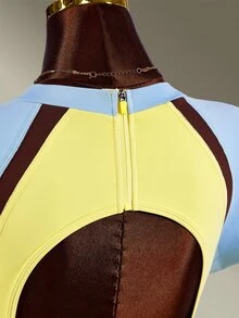 Amplova Women's Letter Print Colorblock Raglan Short Sleeve Sports Romper Yellow Gym Fitness Workout Running Backless Sexy Jumpsuit Romper Training - Yellow - View 8