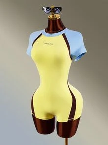 Amplova Women's Letter Print Colorblock Raglan Short Sleeve Sports Romper Yellow Gym Fitness Workout Running Backless Sexy Jumpsuit Romper Training - Yellow - View 3