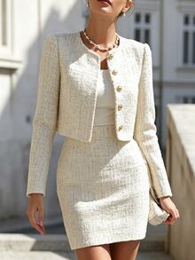 RosyDaze Women's Elegant Commute Gold Tweed Jacket Slit Skirt Set, Off White Two Pieces Set,Formal,Fall Winter Set,Autumn,Social Suit Set,Business Casual,Daily - White - View 4