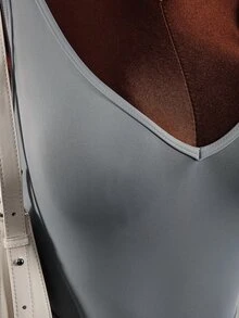 Amplova Women's Colorblock V-Neck Tank Top Style Athletic Romper Gym Fitness Workout Running Backless Sexy Jumpsuit Grey Mesh Fabric Splicing Breathable - Grey - View 6