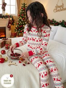Tween Girl Autumn/Winter Pajamas Christmas Tree Stretchy Snug Fit Print Reindeer Snowflake Sets Are Sold Separately - Red - View 1
