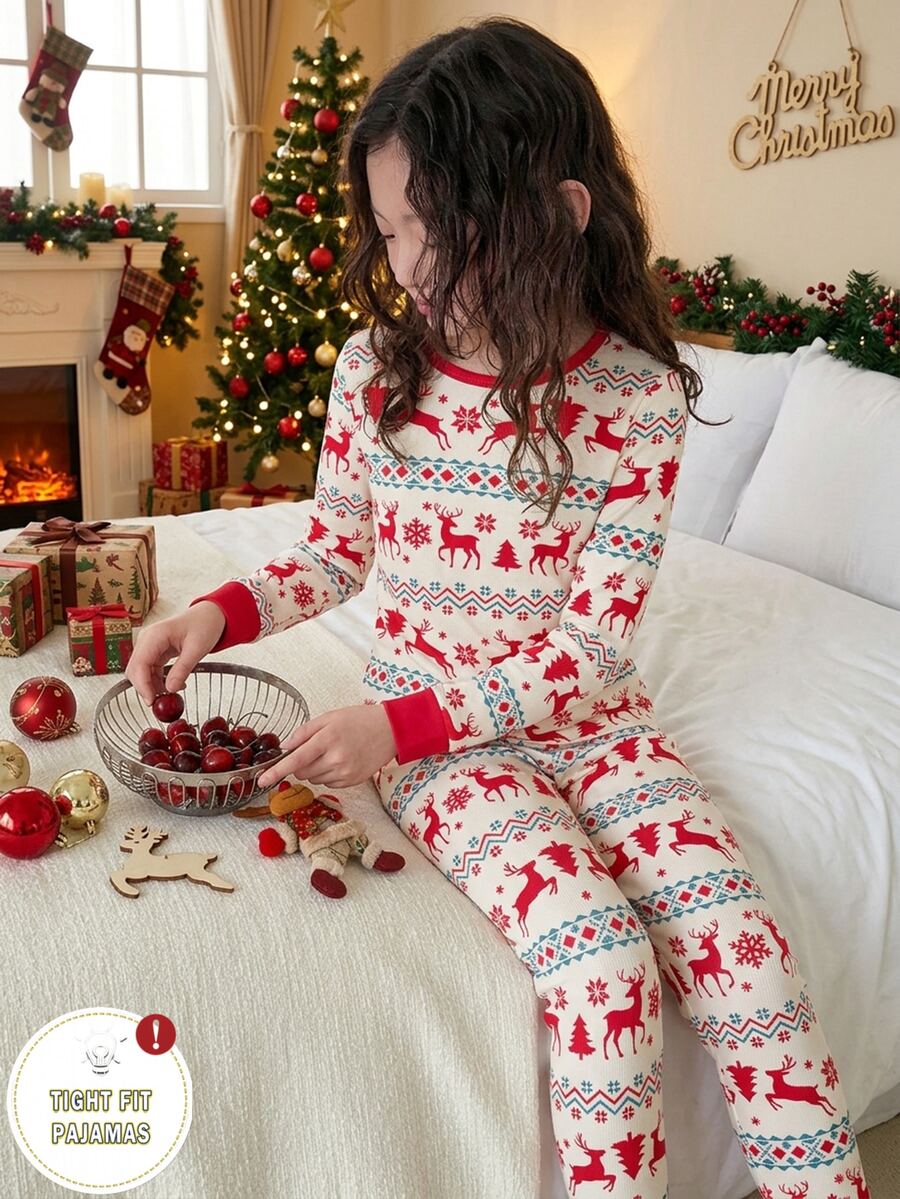 Tween Girl Autumn/Winter Pajamas Christmas Tree Stretchy Snug Fit Print Reindeer Snowflake Sets Are Sold Separately - Red - View 1